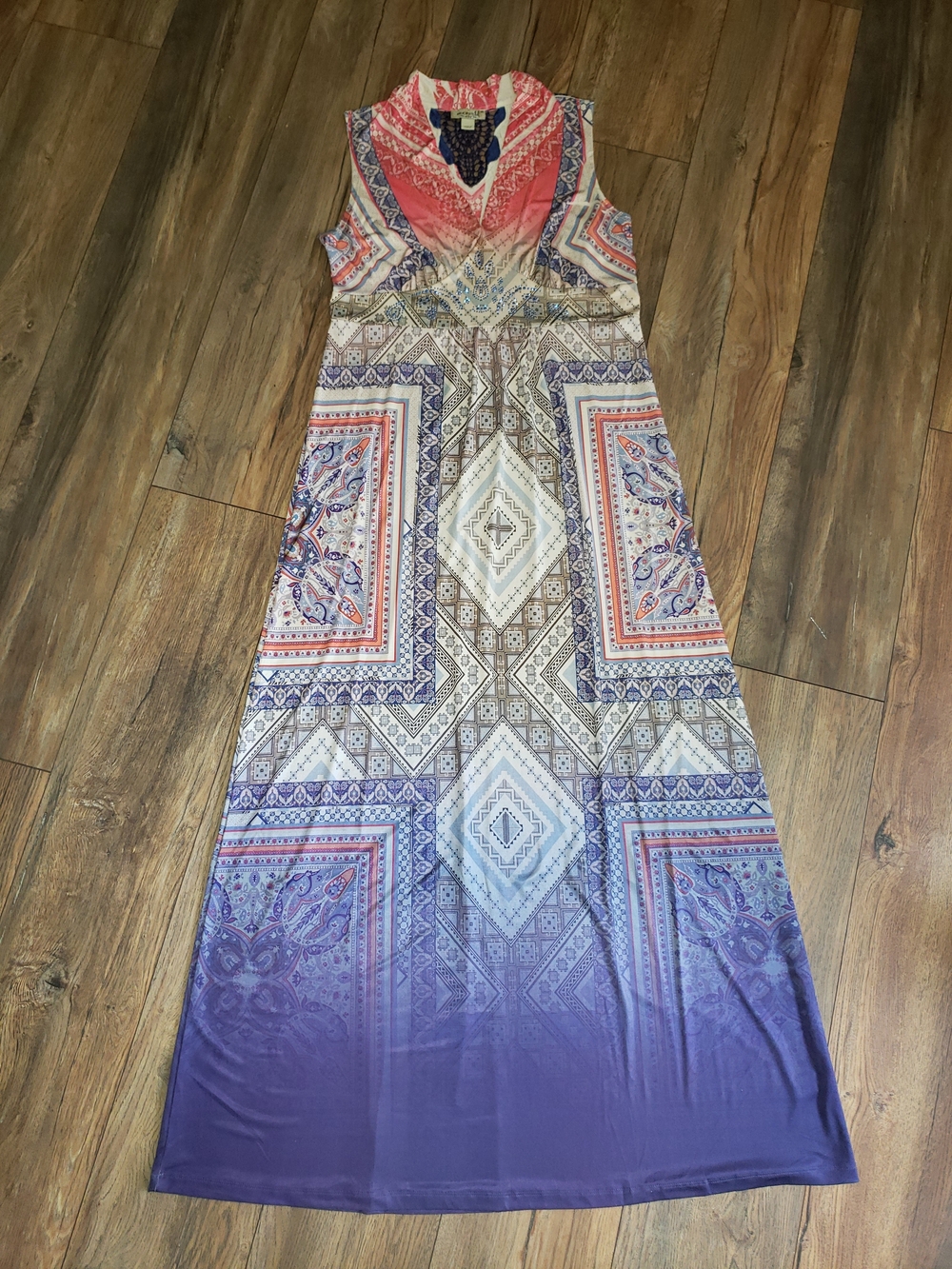 ONE WORLD Coral and Purple Printed Sleeveless Maxi Dress